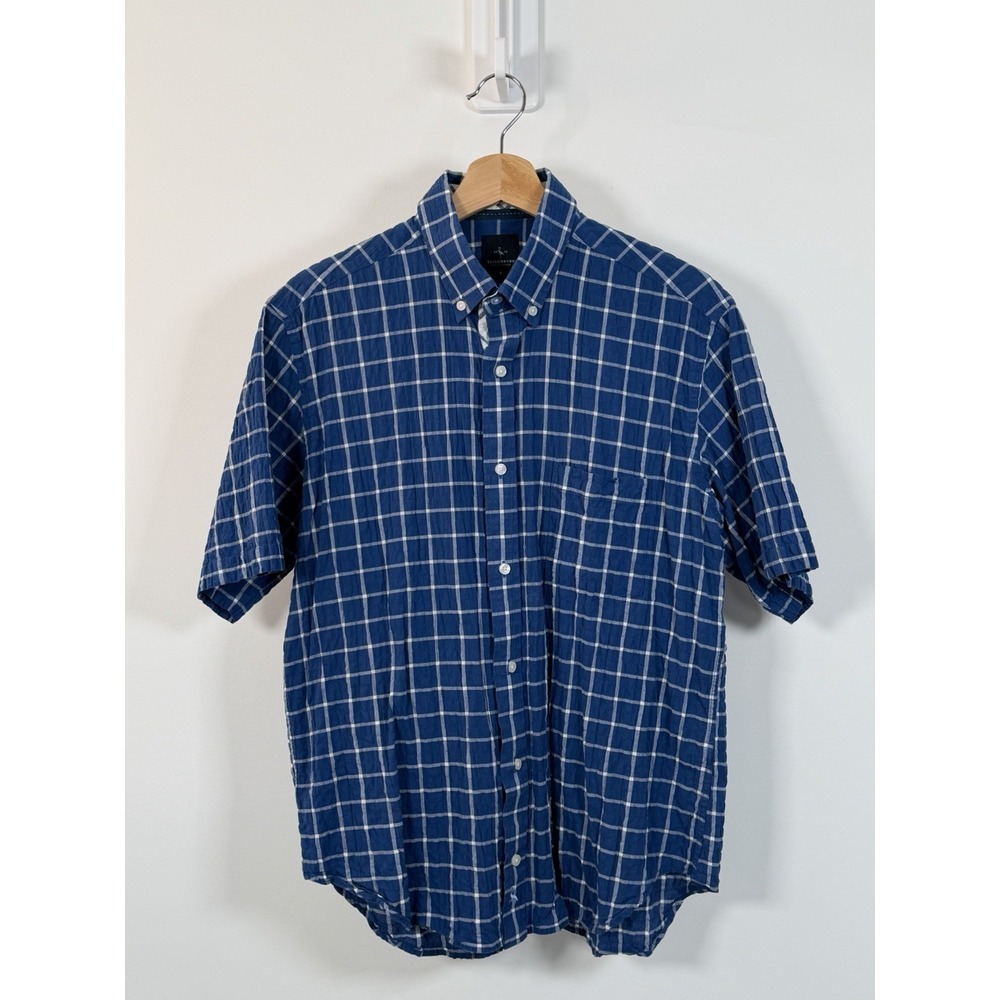 Tailorbyrd Seersucker Shirt Mens Large Blue Plaid Short Sleeve Button Up Golf